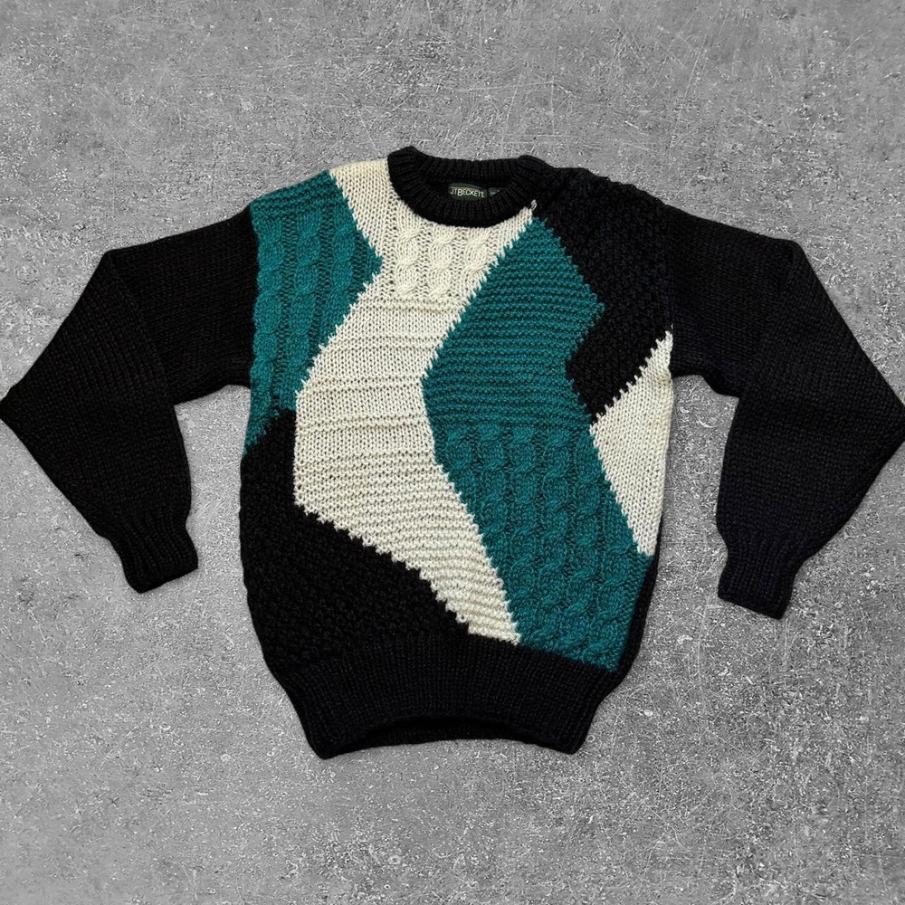 VTG J.T. Beckett Men Geometric Knit Sweater Black Teal White Colorblock XL
